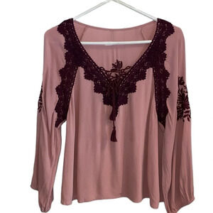 embroidered pink and burgundy peasant top  blouse